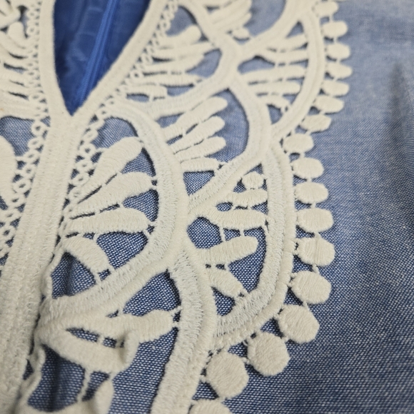 Jessica Howard Dress 10 Linen Shift Light Blue Pom Trim Mini Sleeveless Beachy - Picture 4 of 12